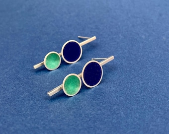 COLOR BLOCK stud earrings: cobalt blue & green glass, modern geometric design