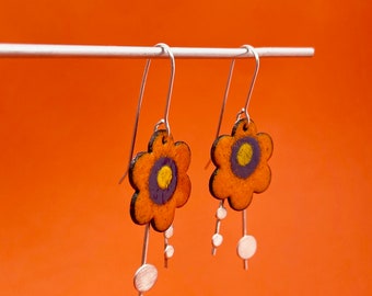ORANGE FLOWER earrings . bright bold colorful dangles . orange enamel earrings . Happy Fun Kinetic . Gift for Niece, Daughter, Girlfriend