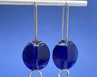 dark BLUE BIG BAUBLE glass hook earrings . Modern earrings . Mid-Century minimalist design . Make A Statement . Be You . Be Bold . cool gift
