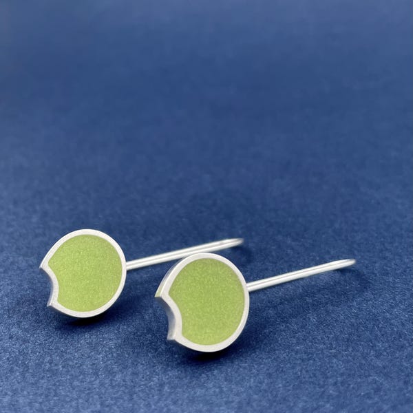 pea GREEN CRESCENT earrings - modern minimal dangles . sterling silver and glass french hooks