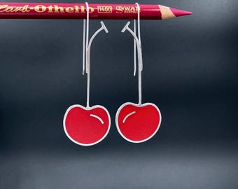 CHERRY dangles . bright red fruit earrings . fun retro modern design . sterling silver & glass