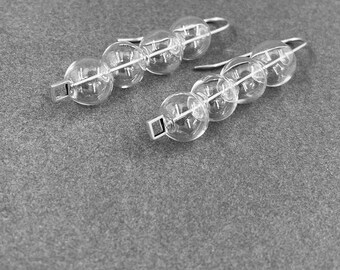 glass clear BUBBLE earrings .  four bubble stack . minimal design . modern mid-century dangles