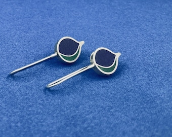 COLOR BLOCK dangle earrings - simple modern design - long botanical hooks : sterling silver, blue & green glass