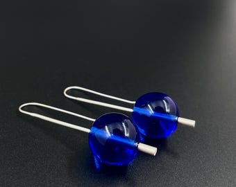 BOLD BLUE glass BEAD dangle earrings . happy jewelry . minimal design in sterling silver