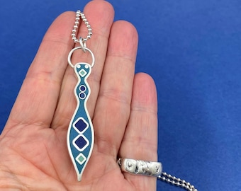 blue modern DECO BUG pendant .  sterling silver and glass . colorful insect jewelry . bug love