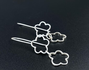 two FLOWER chain dangles . sterling silver modern minimal earrings . bridal jewelry