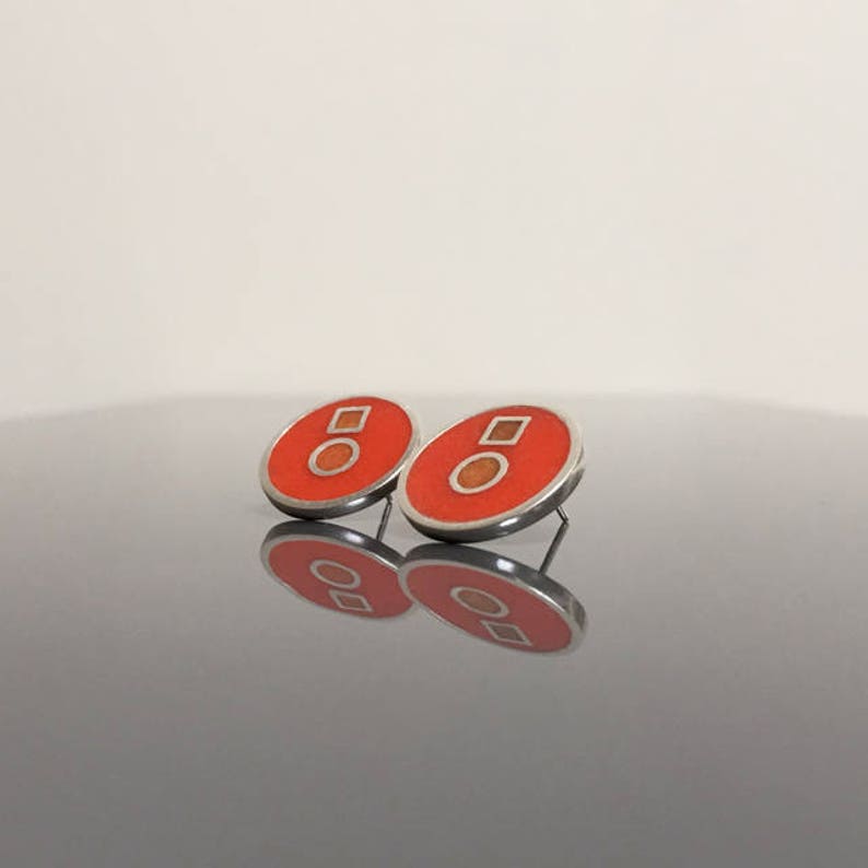 modern resin earrings contemporary stud circle square ORANGE oversized post earrings large geometric studs simple unisex earrings