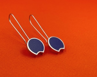 cobalt BLUE modern minimal CRESCENT DANGLE earrings . sterling silver and ground glass