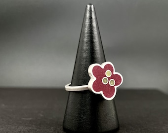 happy dark RED FLOWER ring . size 6 1/2 handmade colorful BLOSSOM ring . fun flirty sister gift