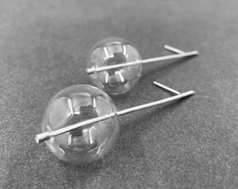 single clear GLASS BUBBLE earrings: long simple silver studs, Mid-Century modern