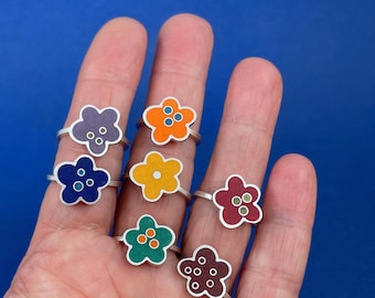 happy FLOWER RINGS . handmade colorful BLOSSOM statement rings . daughter, sister, girlfriend gift