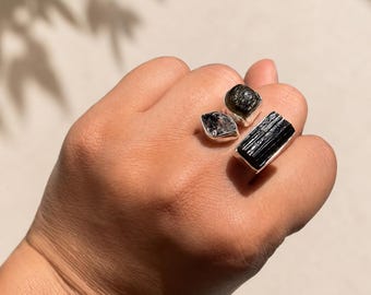 Moldavite Black Tourmaline Herkimer Diamond Ring, Sterling Silver Gemstone Jewelry