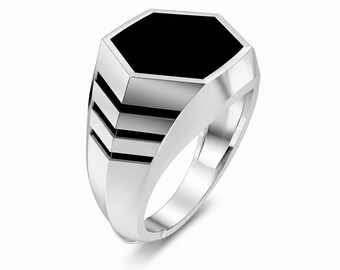 Black Onyx Signet Ring for Men Sterling Silver Statement Ring Oval Black Gemstone Ring Minimalist Vintage Gift for Him