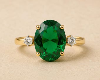 925 Sterling Silver Emerald  Yellow Gold Plated Engagement Ring | Oval Green Gemstone Ring | Dainty Promise Ring for Women
