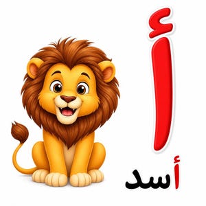 Peut inclure: Illustration d'un lion de dessin animé souriant, avec une crinière et une queue brunes, assis. À côté, une grande lettre rouge "A" surmontée d'un symbole rouge, et du texte arabe en dessous.