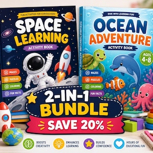May include: A 2-in-1 bundle of two activity books titled Space Learning and Ocean Adventure. The dark blue space book features an astronaut and rocket, while the light blue ocean book shows a turtle, dolphin, fish, and octopus. A banner reads 2-IN-1 BUNDLE SAVE 20%.