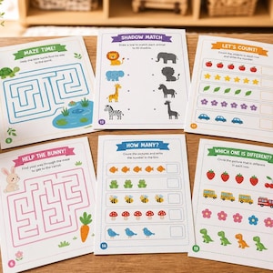 Peut inclure: Plusieurs feuilles d'activités éducatives pour enfants, avec des labyrinthes, des exercices de comptage et des jeux d'association. Les feuilles présentent des illustrations colorées d'animaux, de fruits et de formes, avec des textes tels que "MAZE TIME!" et "LET'S COUNT!"