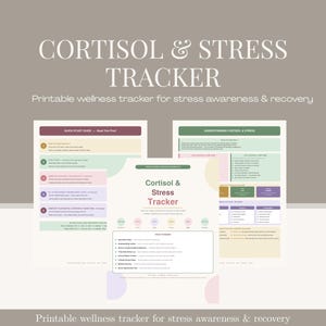 Può includere: Un tracker di benessere stampabile intitolato "Cortisol & Stress Tracker". Il design utilizza una palette di colori tenui e include sezioni per la consapevolezza dello stress e il recupero. Il testo "Printable wellness tracker for stress awareness & recovery" è in basso.