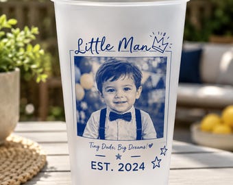 Custom Frosted Plastic Cups, Little Man Photo Birthday Party Favors