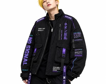 Cyberpunkjas, Japanse Techwear-jas, Neon Anime Streetwear Oversized Jas