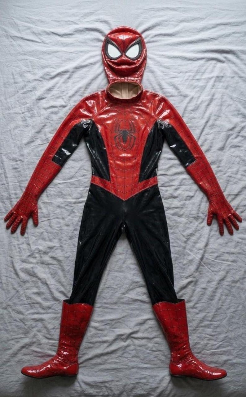 Puede incluir: Un disfraz de superh&eacute;roe de cuerpo completo en rojo y negro con acabado brillante, un emblema de ara&ntilde;a en el pecho, guantes integrados y botas a juego. Incluye una m&aacute;scara con grandes lentes oculares blancos y un dise&ntilde;o de patr&oacute;n de telara&ntilde;a.