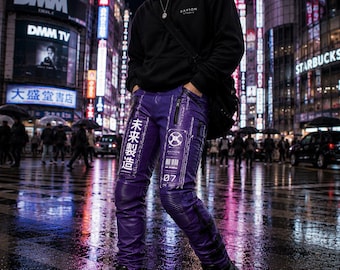 Leren broek heren paarse cyberpunkbroek, leren broek techwear, gothic bikerbroek, anime-streetwearkleding