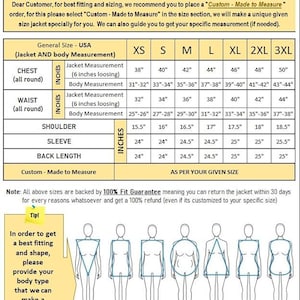 Puede incluir: Una tabla de tallas para chaquetas con columnas para tallas de XS a 3XL, que enumera las medidas de pecho, cintura, hombros, mangas y largo de espalda en pulgadas. Debajo de la tabla, se muestran siete siluetas de tipos de cuerpo de la A a la G.