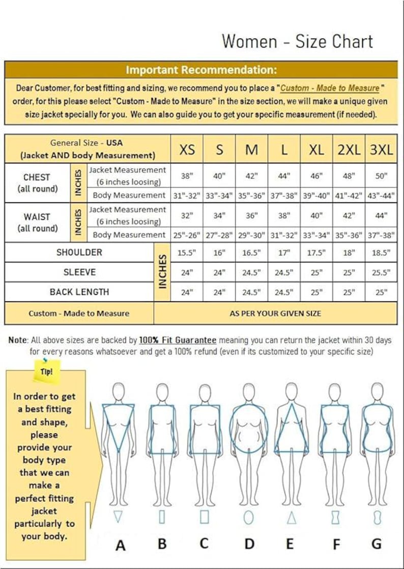 Puede incluir: Una tabla de tallas para chaquetas con columnas para tallas de XS a 3XL, que enumera las medidas de pecho, cintura, hombros, mangas y largo de espalda en pulgadas. Debajo de la tabla, se muestran siete siluetas de tipos de cuerpo de la A a la G.