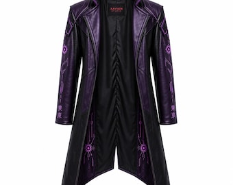 Cyberpunk samurai-trenchcoat | Neonpaars Techwear-jack van imitatieleer