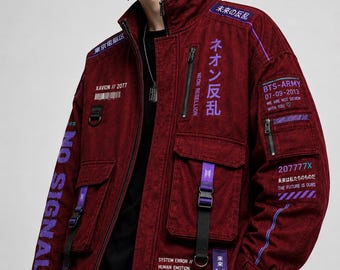 Chaqueta Cyberpunk 2077, Chaqueta Techwear japonesa, Abrigo estilo streetwear de anime, Chaqueta extragrande Neon Samurai, Techwear