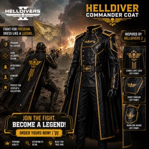 May include: A black long coat with gold trim, featuring a high collar, structured shoulders, and a belt with a skull emblem. The coat includes a detachable cape with a gold skull logo on the back, chest emblem, and shoulder badge details.