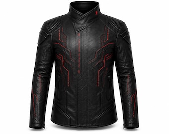 Cyberpunk Samurai Biker Jacket | Neon Red Kanji Techwear Leather Coat