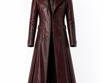 Royal Demon Hunter-jas, bordeauxrode leren trenchcoat heren, gotische lange jas, vampire Hunter-jas, op maat gemaakte jas