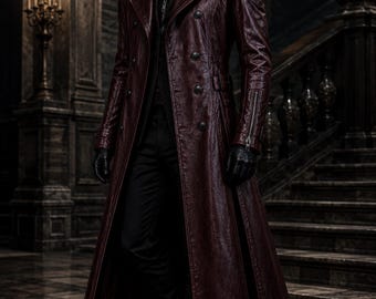 Jas Devil May Cry, bordeauxrode leren trenchcoat heren, jas Royal Demon Hunter, lange gotische jas, op maat gemaakt jack