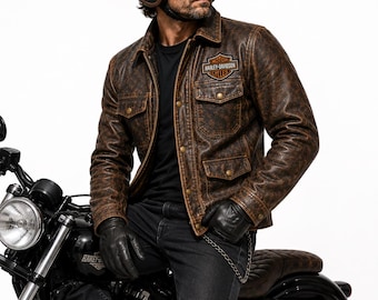Leren Harley Davidson-jack, vintage verweerd bruin bikerjack, motorrijderjas, lederen bovenkleding