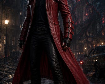 Devil May Cry-jas, op DMC 5 geïnspireerde rode leren trenchcoat, jas in Dante-stijl, Demon Hunter-jas, op maat gemaakt