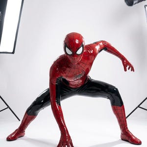Puede incluir: Un traje de l&aacute;tex de cuerpo completo con un dise&ntilde;o de ara&ntilde;a en rojo y negro, que presenta un patr&oacute;n de telara&ntilde;a en las secciones rojas. El traje incluye una m&aacute;scara a juego que cubre toda la cabeza con grandes lentes blancos y un emblema.