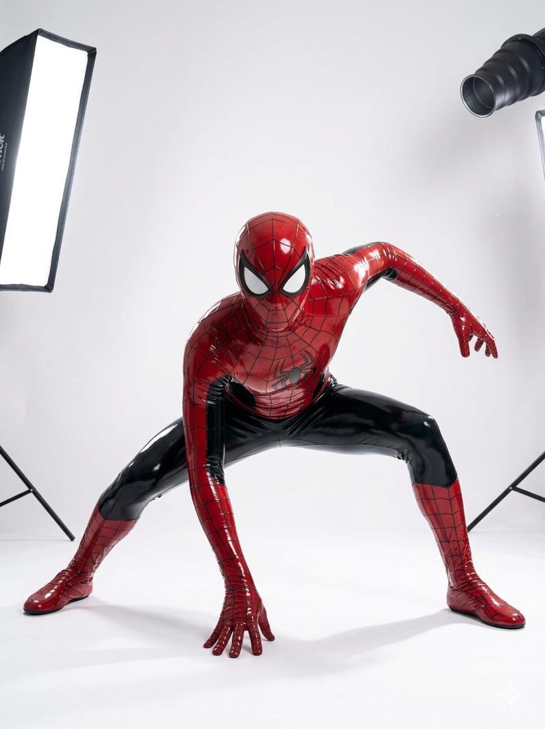 Puede incluir: Un traje de l&aacute;tex de cuerpo completo con un dise&ntilde;o de ara&ntilde;a en rojo y negro, que presenta un patr&oacute;n de telara&ntilde;a en las secciones rojas. El traje incluye una m&aacute;scara a juego que cubre toda la cabeza con grandes lentes blancos y un emblema.