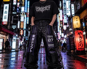 Cyberpunk leren broek Tech wear herenbroek Tokyo Streetwear Y2K leren broek Japanse bikerbroek futuristisch mode