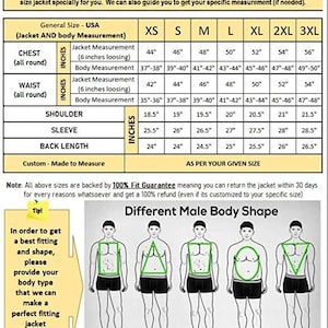 Puede incluir: Una tabla de tallas para chaquetas con columnas para tallas de XS a 3XL, que enumera medidas de pecho, cintura, hombros, mangas y largo de espalda en pulgadas. Debajo, cinco ilustraciones etiquetadas de la A a la E muestran formas corporales.