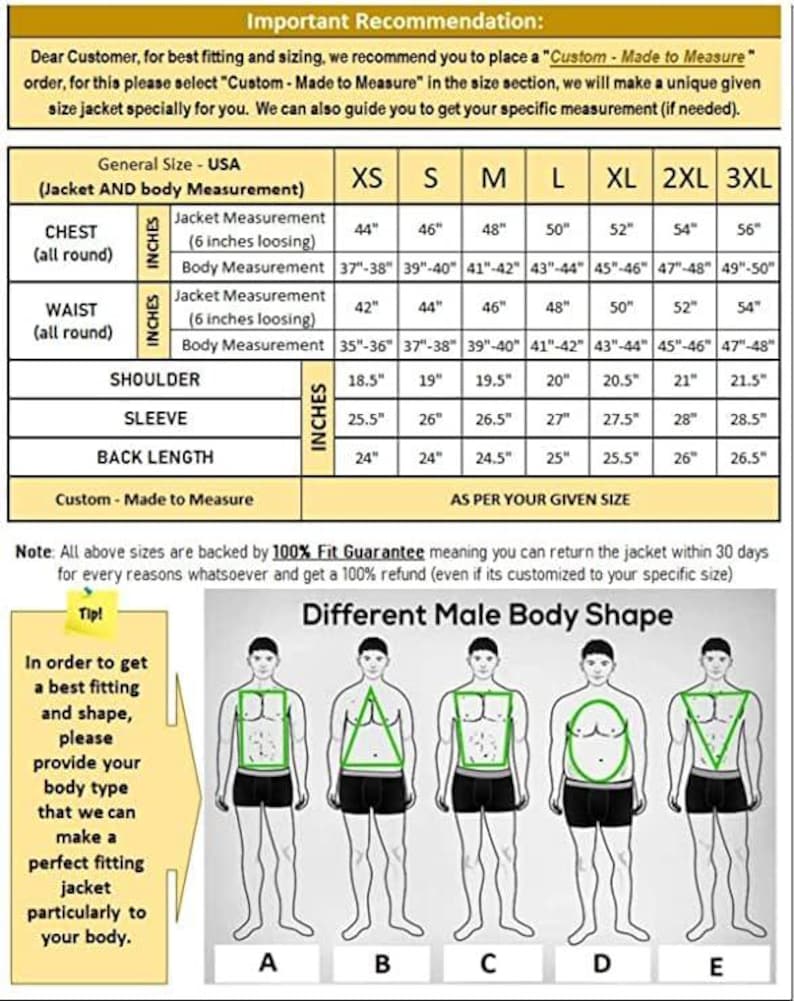 Puede incluir: Una tabla de tallas para chaquetas con columnas para tallas de XS a 3XL, que enumera medidas de pecho, cintura, hombros, mangas y largo de espalda en pulgadas. Debajo, cinco ilustraciones etiquetadas de la A a la E muestran formas corporales.