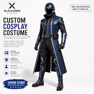 May include: A full-body blue and black cosplay costume featuring a long coat, tactical belt, armored gauntlets, and knee guards. The ensemble includes a matching helmet with a dark visor. Text reads XAVION STUDIO, CUSTOM COSPLAY COSTUME, ENGINEERED FOR HEROES, BUILT FOR COSPLAYERS. MADE TO STAND OUT, PREMIUM CRAFTSMANSHIP, DURABLE & COMFORTABLE, TAILORED FIT, DESIGNED FOR IMPACT, YOUR VISION. OUR CRAFT.