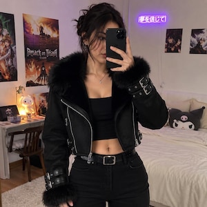 Fur Jacket | Cropped Faux Fur Trim Jacket - Black Winter Coat • Women's Biker Shearling Style Outerwear Gift