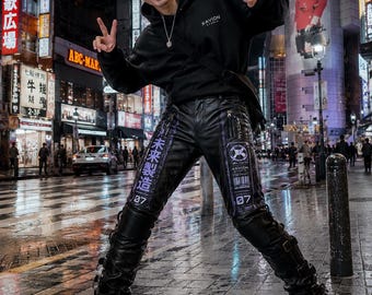 Cyberpunk leren broek Tech wear herenbroek Tokyo Streetwear Y2K leren broek Japanse bikerbroek futuristisch mode