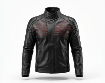 Cyberpunk-bikerjack heren | Schouderpantser van koolstofvezel, rode stiksels voor streetwear
