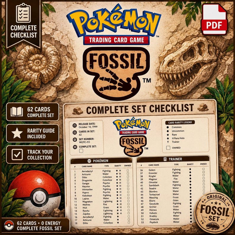 Pokemon Checklist.pdf Pokemon Fossil Set Checklist PDF – Complete 62 Card Tracker – Wizards ...