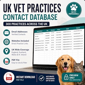 Puede incluir: Un anuncio digital para una base de datos de contactos de veterinarios del Reino Unido. La imagen muestra un portátil que muestra una lista de clínicas veterinarias, con un golden retriever y un gato gris en primer plano. El anuncio destaca direcciones de correo electrónico, sitios web y cobertura en todo el Reino Unido.