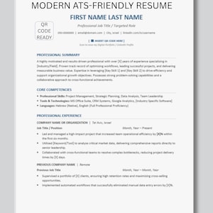 May include: A modern resume template with a clean layout. The document includes sections for professional summary, core competencies, and professional experience. The top of the resume features the text "MODERN ATS-FRIENDLY RESUME" and a QR code graphic.