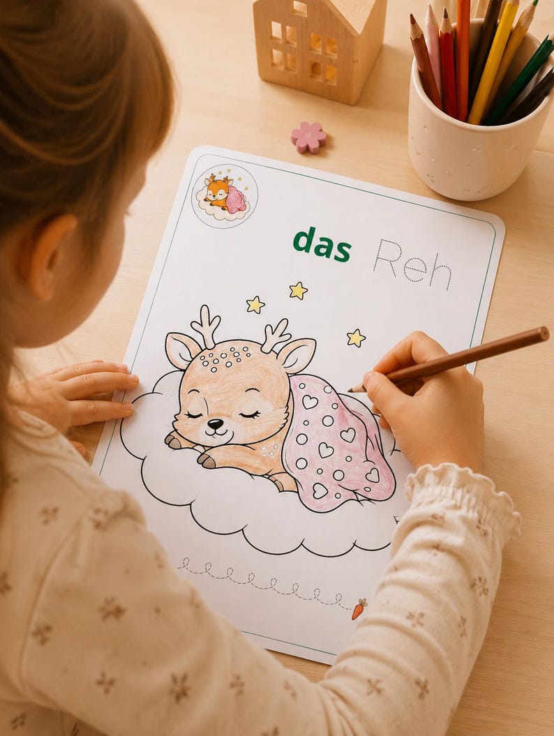 K&ouml;nnte beinhalten: Ein wei&szlig;es Ausmalblatt mit einem schlafenden Reh auf einer Wolke und dem Text das Reh. Das Reh ist in Braunt&ouml;nen ausgemalt und mit einer rosa Decke mit Herzmuster bedeckt. Gelbe Sterne umgeben das Reh und unten ist eine kleine Karotte abgebildet.