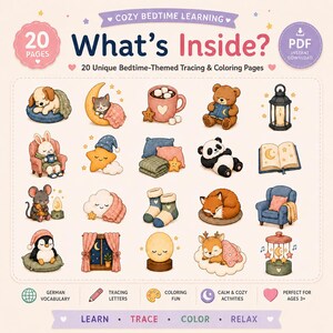 K&ouml;nnte beinhalten: Ein digitaler Download mit 20 Seiten zum Nachzeichnen und Ausmalen rund um das Thema Schlafenszeit. Das Blatt zeigt Illustrationen von Tieren, Sternen, Monden und gem&uuml;tlichen Gegenst&auml;nden in einer sanften Farbpalette aus Pastellt&ouml;nen.